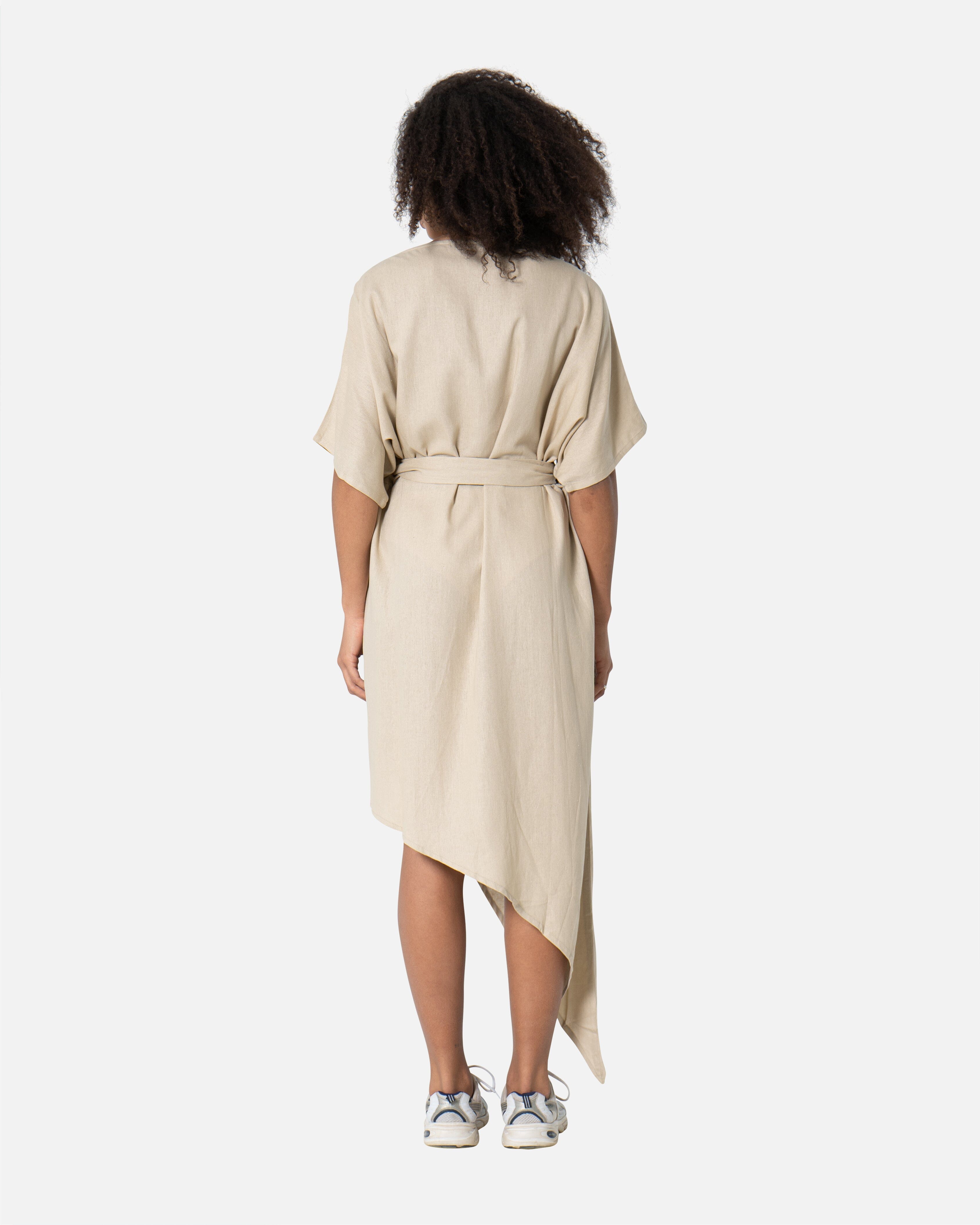 Beige - Linen Wrap Dress Dress TheMakeovr 