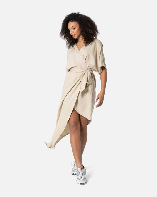 Beige - Linen Wrap Dress Dress TheMakeovr 