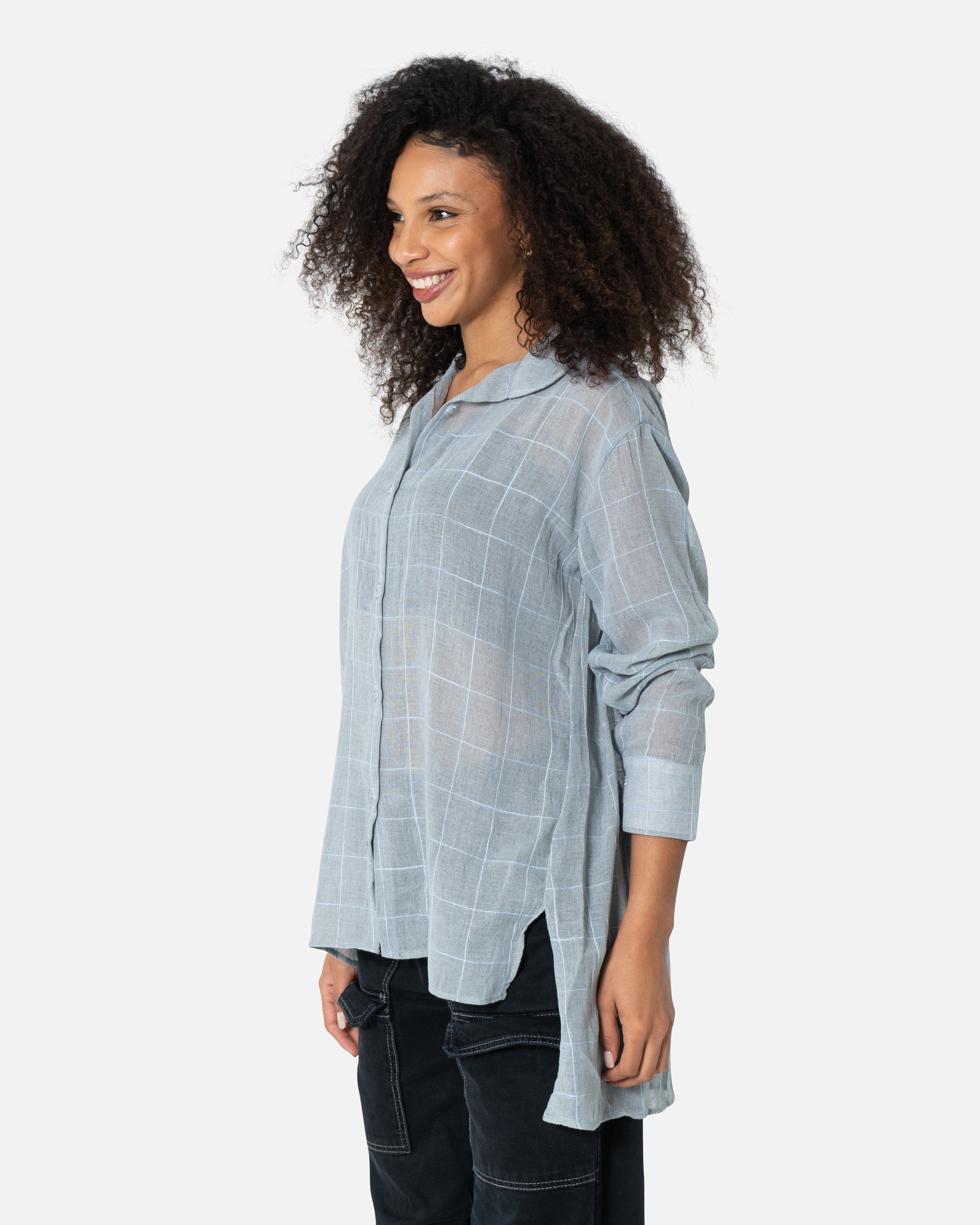 Blue Chequered - Linen Oversized Shirt Oversized Long Sleeve Shirt TheMakeovr 