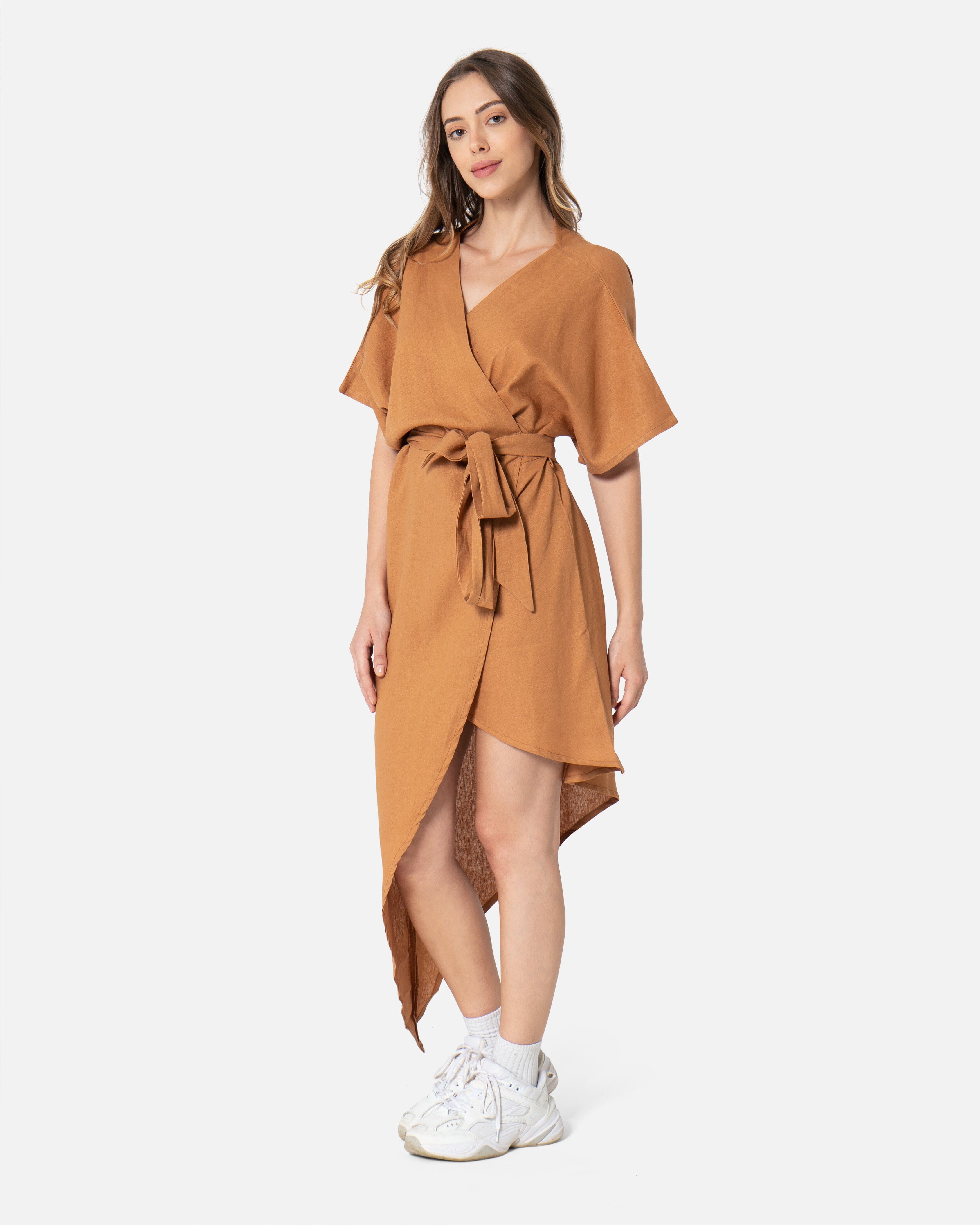 Camel - Linen Wrap Dress Dress TheMakeovr 