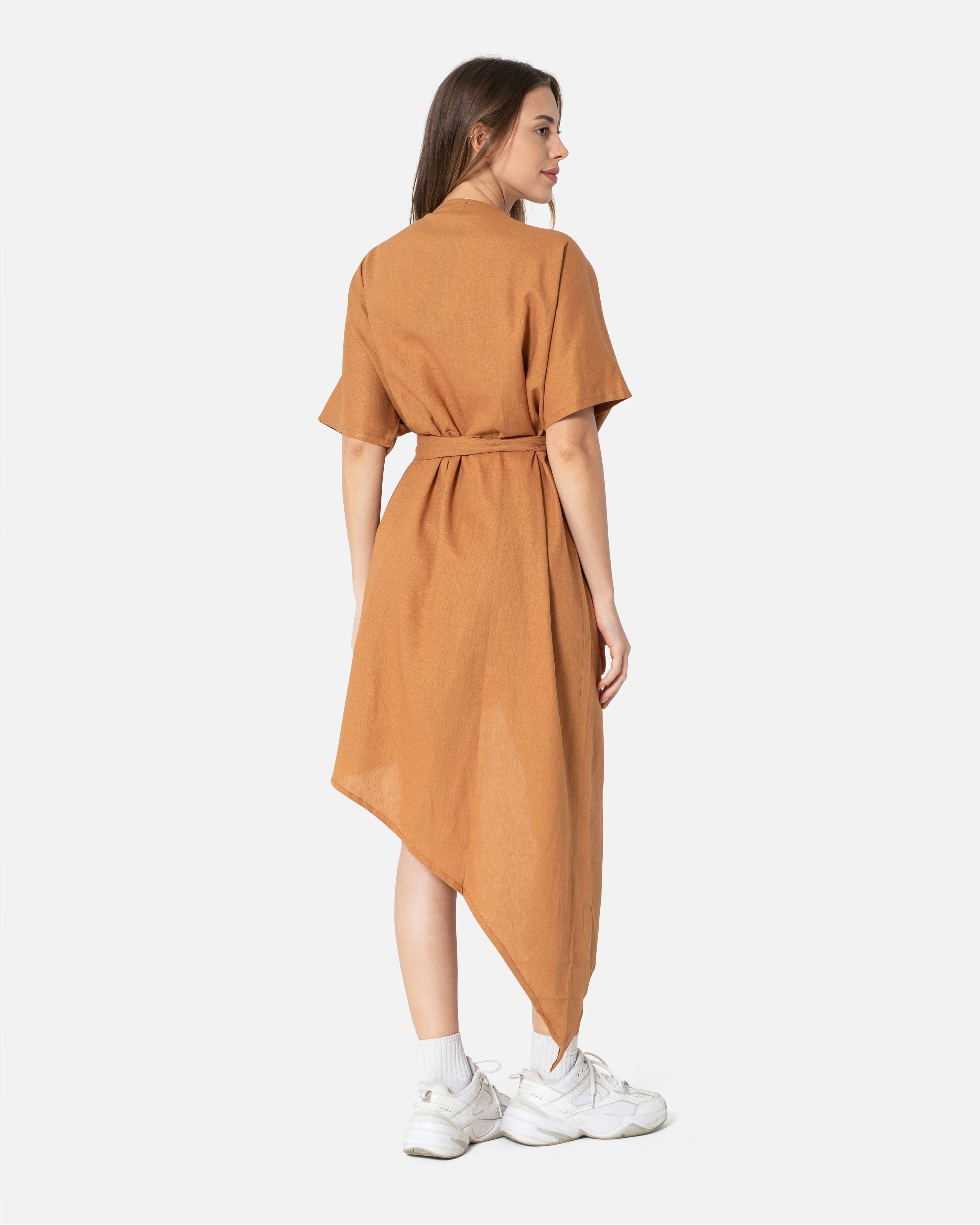 Camel - Linen Wrap Dress Dress TheMakeovr 