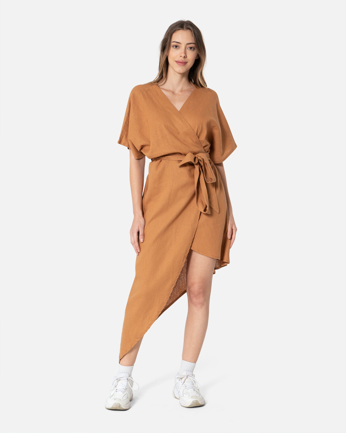 Camel - Linen Wrap Dress Dress TheMakeovr 