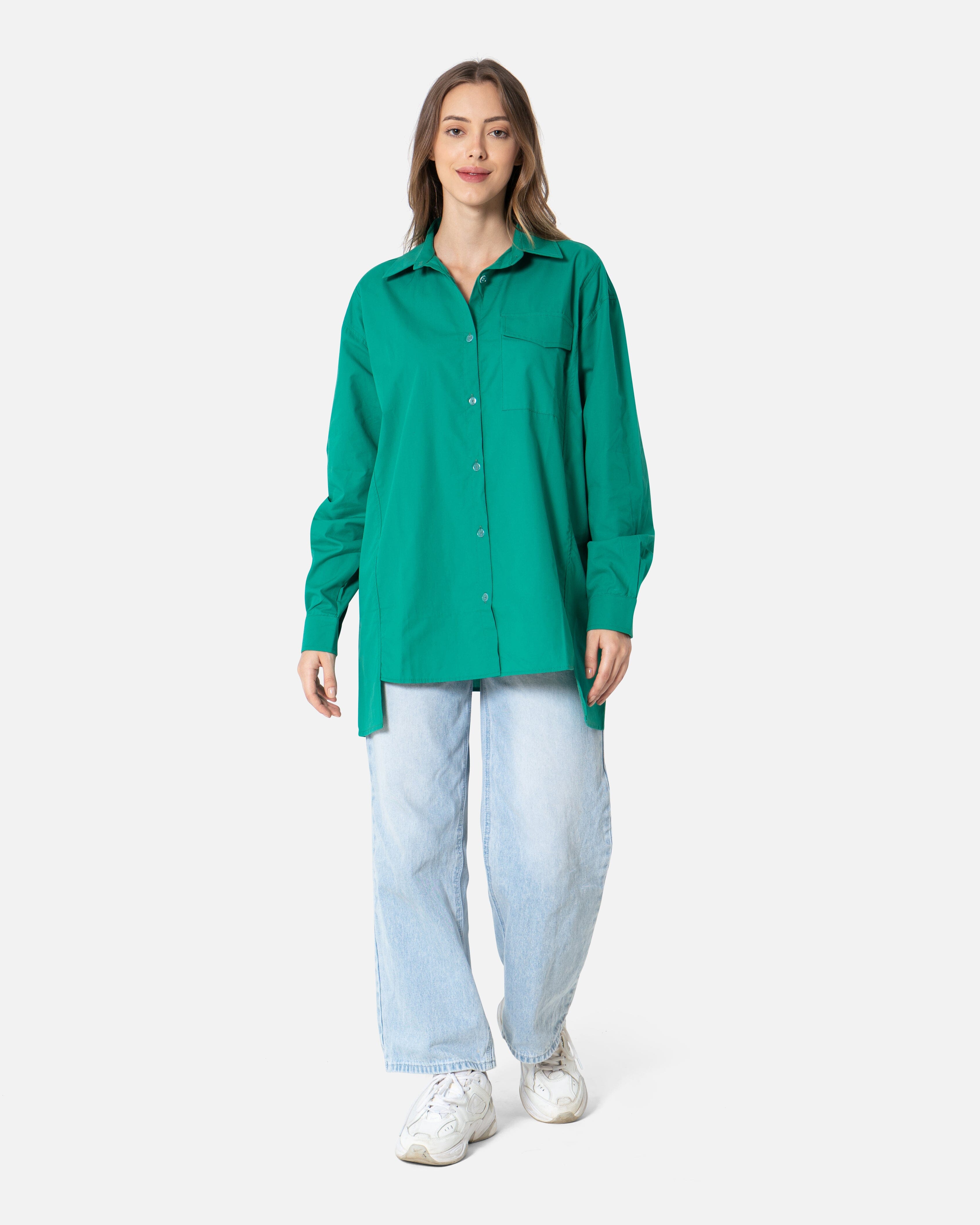 Green Stapled - Poplin Oversized Shirt Oversized Long Sleeve Shirt TheMakeovr 