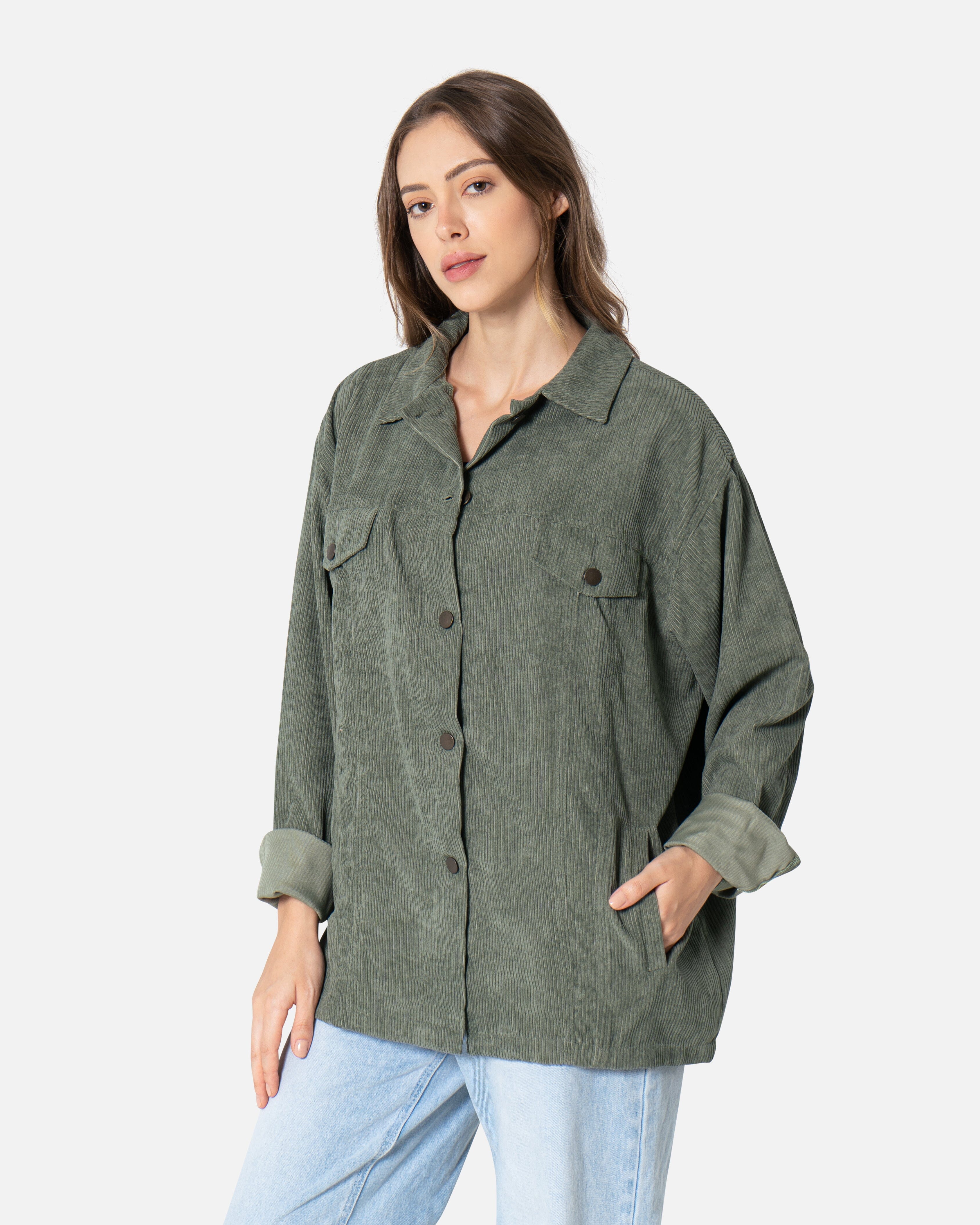 Olive - Corduroy Shirt Oversized Long Sleeve Shirt TheMakeovr 