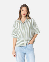 Olive Stripes - Cropped Shirt Oversized Long Sleeve Shirt TheMakeovr 