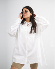 White Stapled - Poplin Oversized Shirt Oversized Long Sleeve Shirt TheMakeovr 