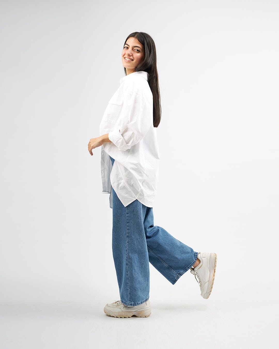 White Stapled - Poplin Oversized Shirt Oversized Long Sleeve Shirt TheMakeovr 